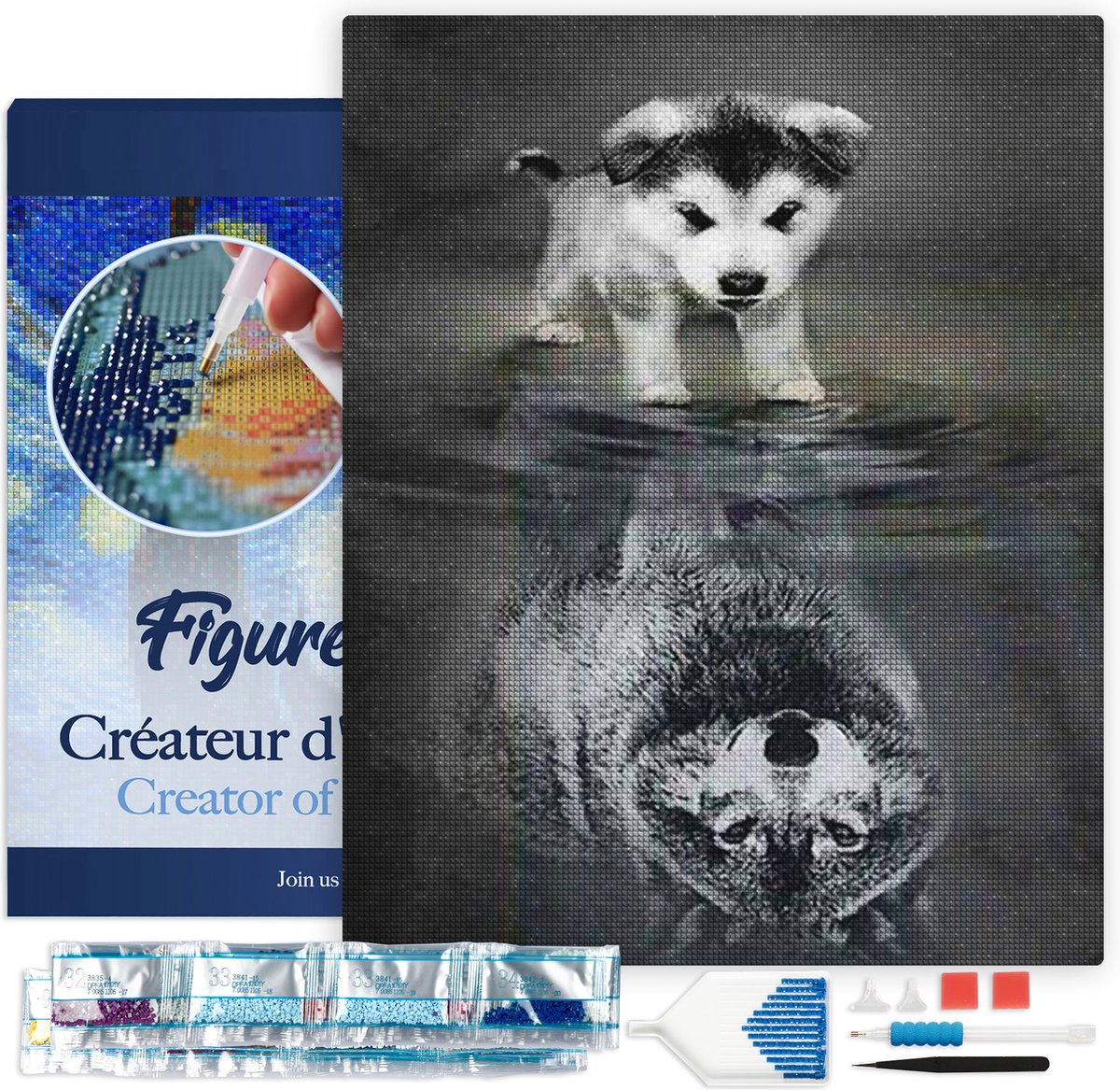 FiguredArt Diamond Painting set Volwassenen 40x50 cm met lijst Hond en wolf reflectie - 5D DIY Art full drill vierkante diamant - Canvas al ingelijst